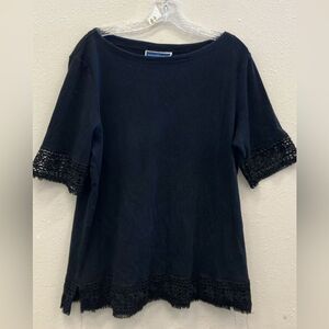 Karen Scott Scoop Neck Black Lagenlook Top with Crochet Sleeves and Hem XL #744